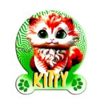 Fontanna w kształcie kotka. Na grafice rudawy kotek na zielonym tle , napis KITTY
